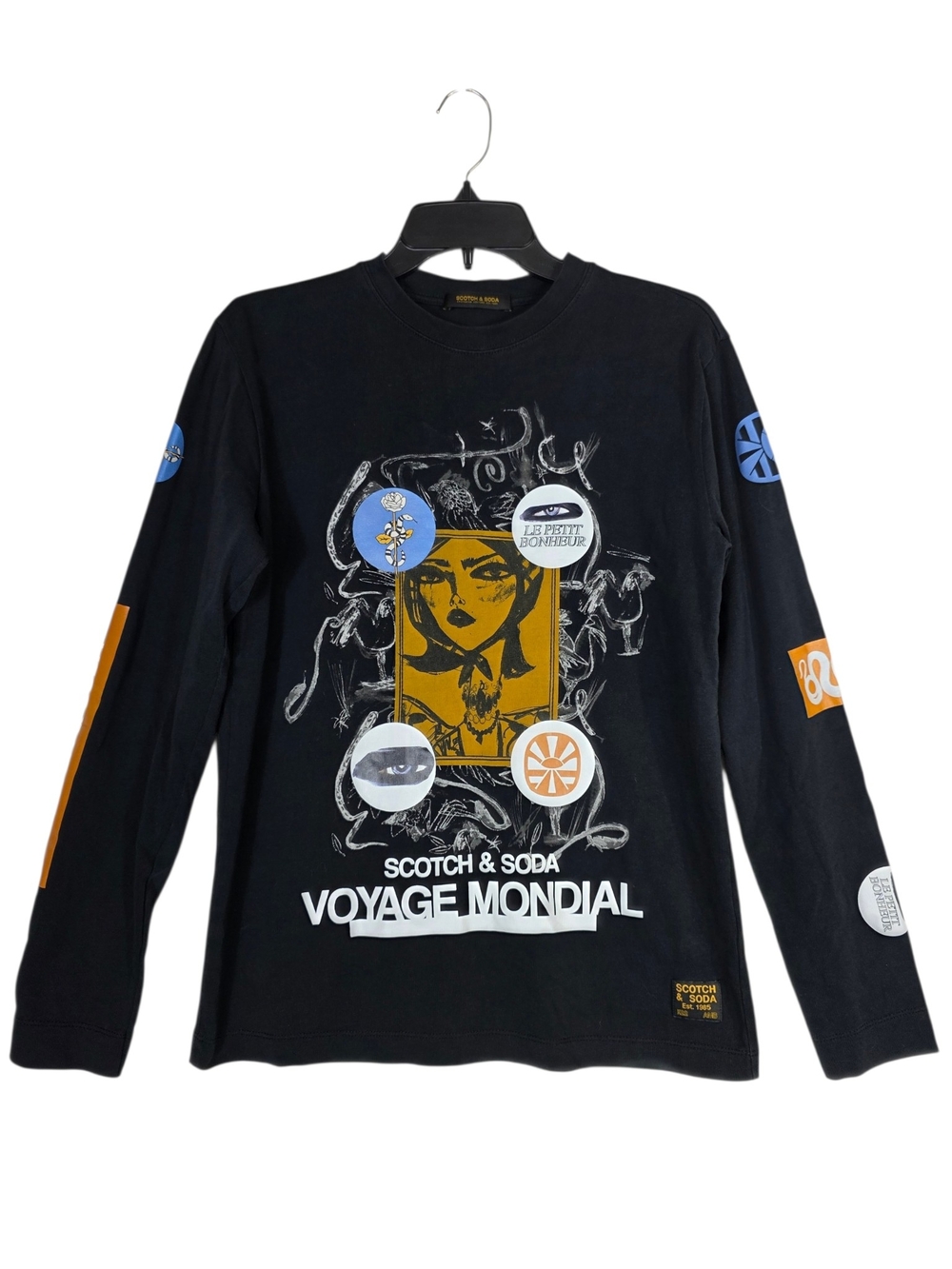 Scotch & Soda Black Long Sleeve Graphic Tee with Mustard Panel